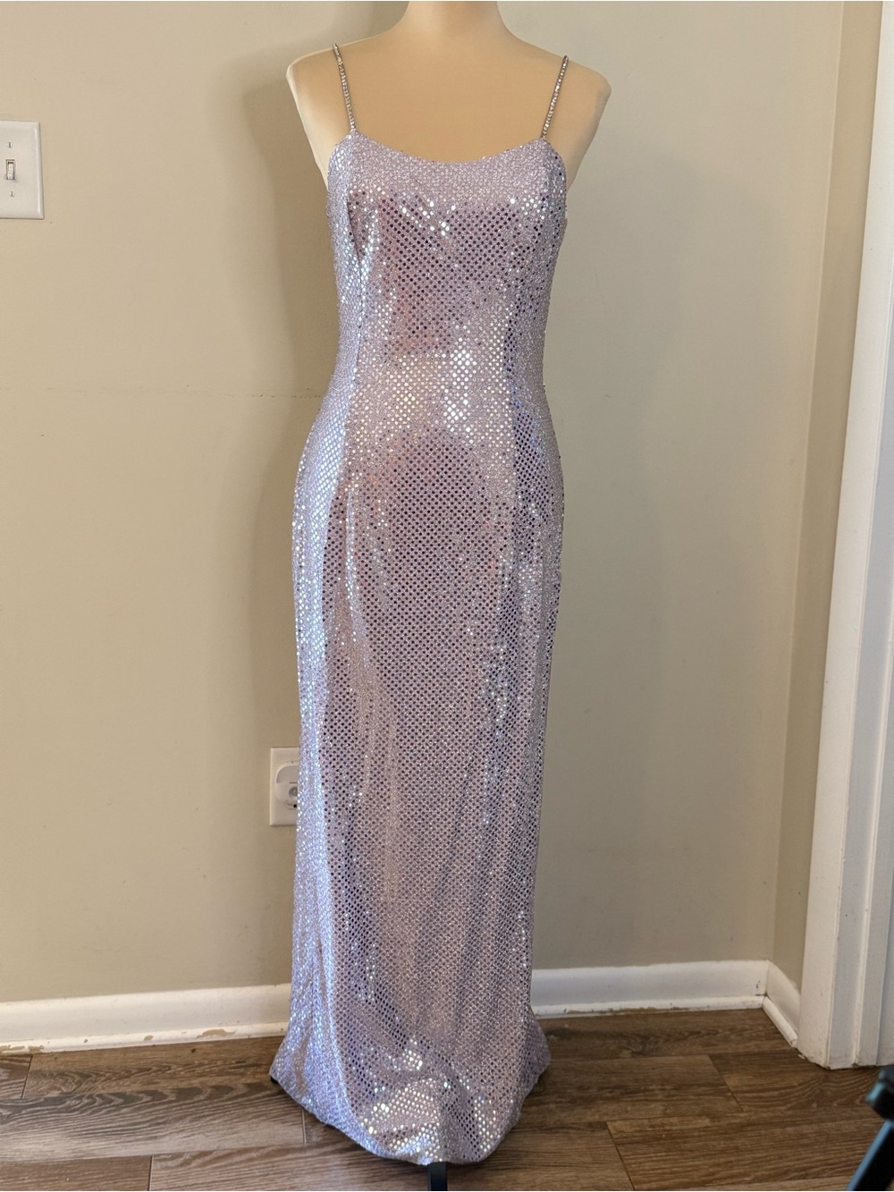 Jessica McClintock sparkle silver sequin sleeveless maxi dress SZ 6 FLAW